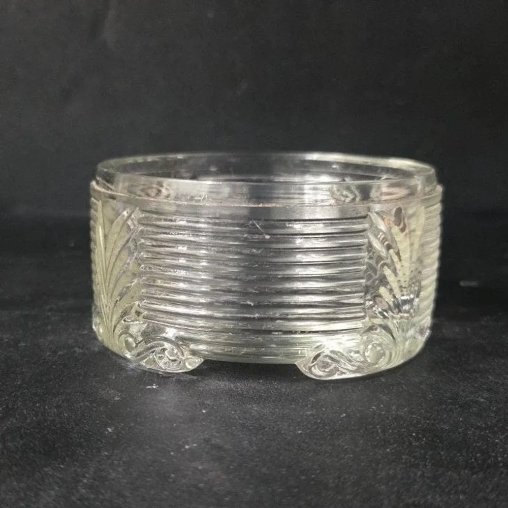Art Deco Ribbed Glass Powder‎ Dish, Palm Frond Design, Vintage Vanity Decor